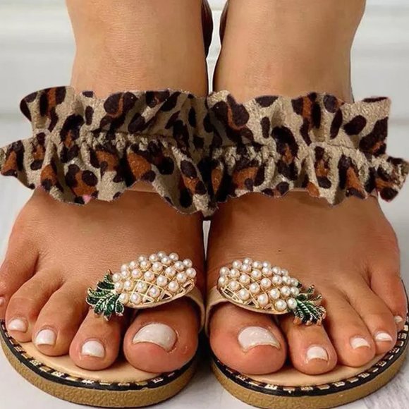 Jaycieonposh Shoes - Leopard Ruffle Strap Pineapple Toe Ring Sandals
